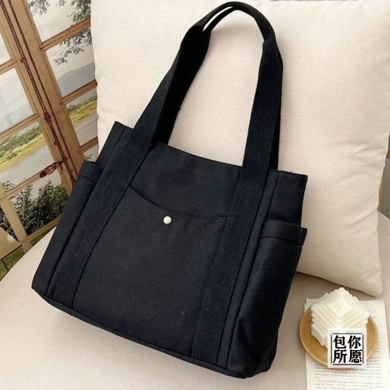 Canvas Bag for Women 2024 New Trendy Large Capacity Black Shoulder Bag Student Ins Casual Books Tote Pouch