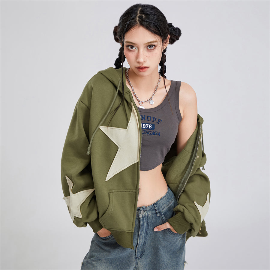 wsevypo Grunge Retro Star Print Hoodies Autumn Women's Long Sleeve Zip-up Hooded Sweatshirts with Front Pocket Street Outwear - reetell