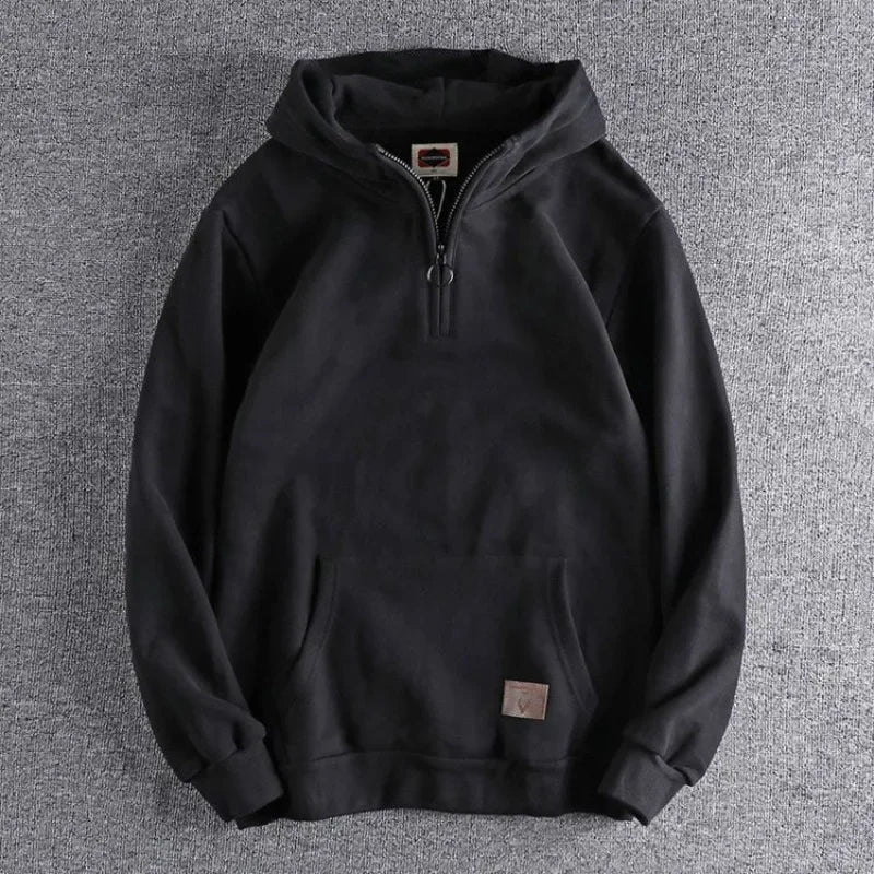 Men's Clothing Black Half Zip Sweatshirts for Man Warm Hoodies Solid Hooded Fleeced Y2k Vintage High Quality Korean Style Loose - reetell