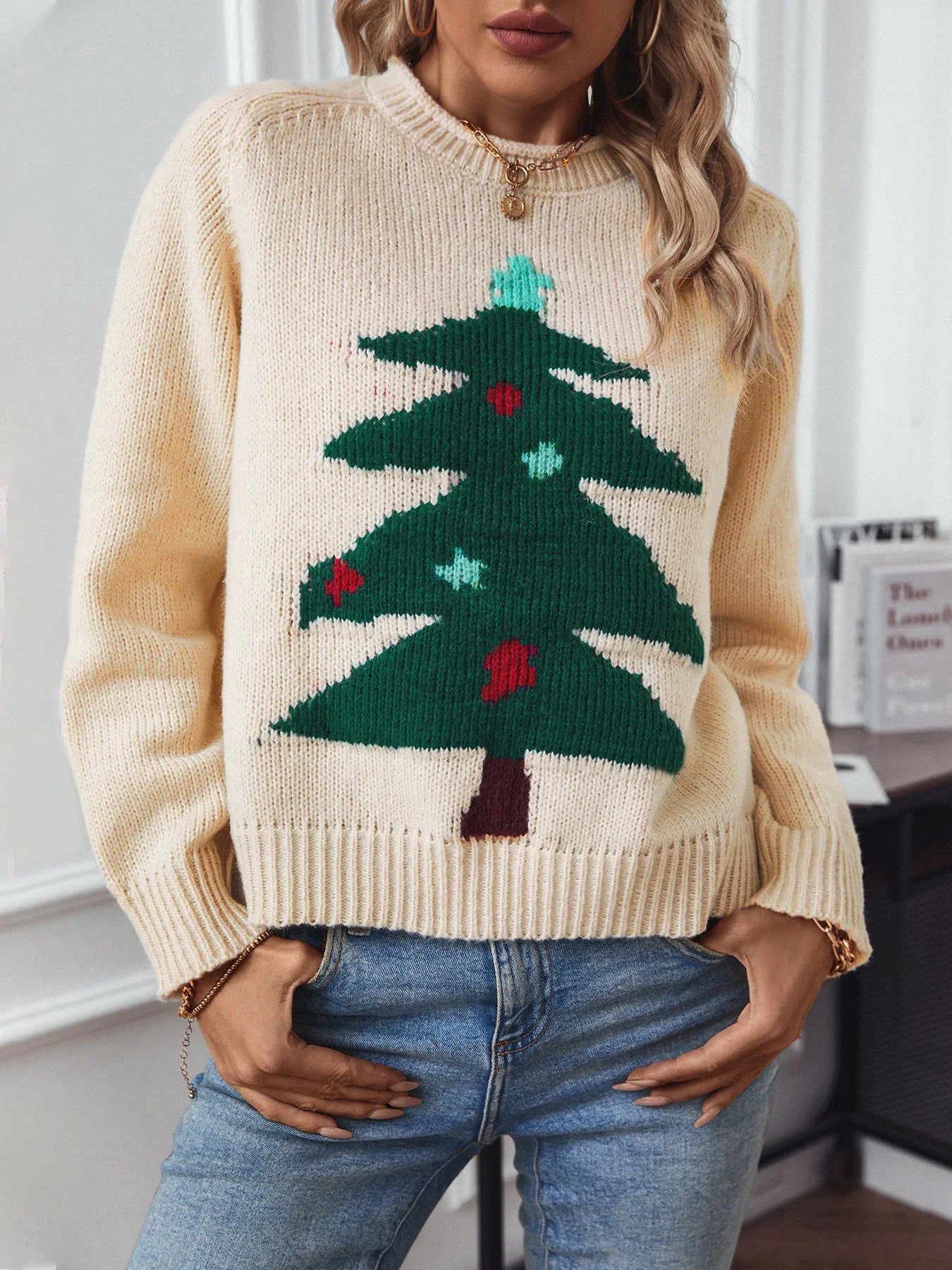 Drizzle Christmas tree pullover sweater for women Autumn and winter round collar loose holiday knitwear for women - reetell