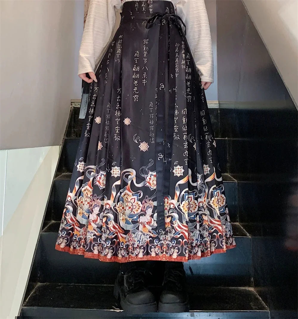 Maxi Chinese Style Horse Face Skirts Women Hanfu Vintage Harajuku Saia Casual Long Print Pleated Skirt Woman Clothing Faldas - reetell