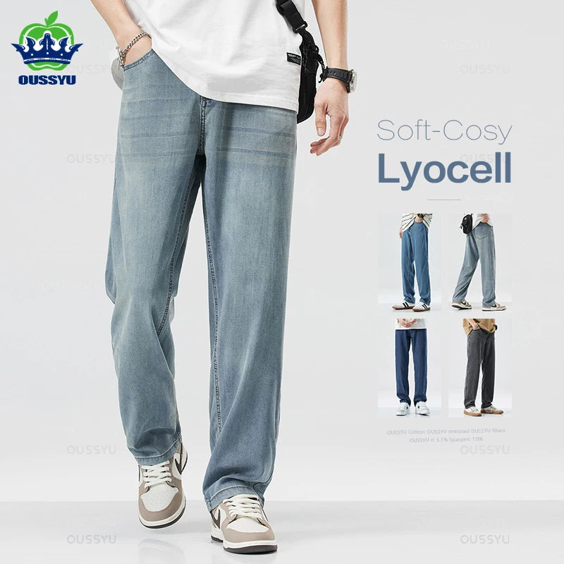 New Summer Thin Soft Lyocell Fabric Men's Jeans Classic Straight Denim Pants Work Wide Leg Casual Trousers Male Big Size 40 42 - reetell