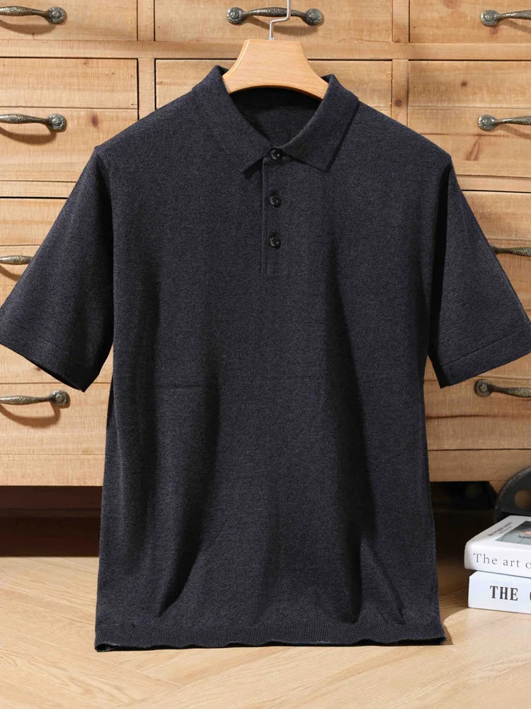 100% merino sweater summer men's lapel pullover short sleeve POLO neck sweater loose top knitted clothing plus size T-shirt