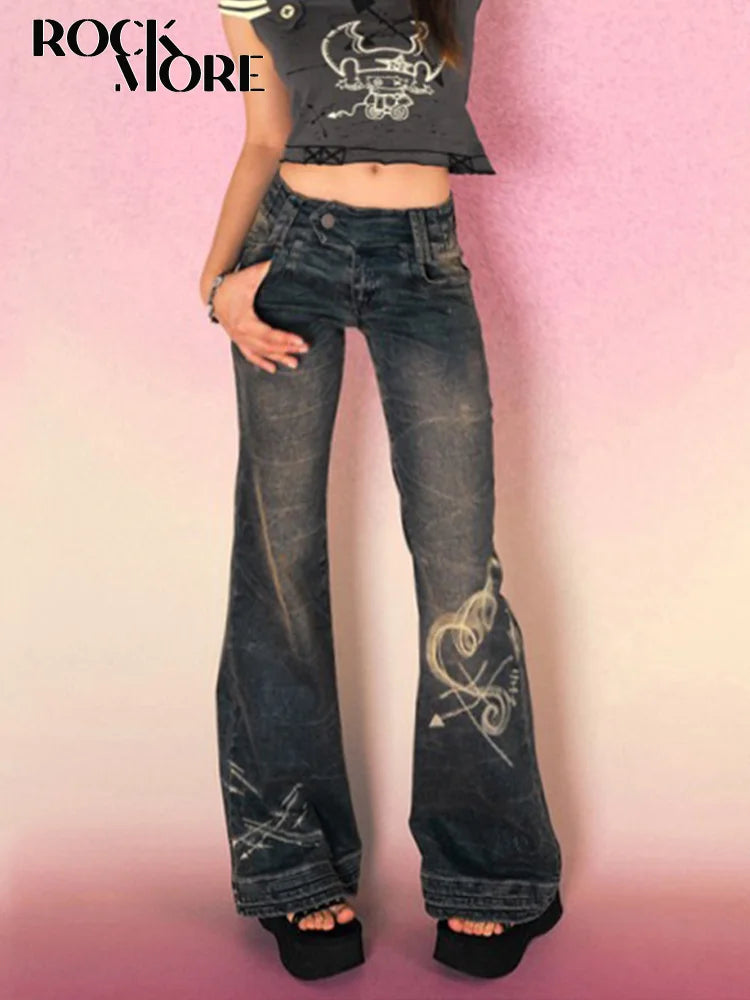 Rockmore Y2K Low Rise Flare Jeans for Woman Streetwear Aesthetic Print Jean Pants Vintage Washed Denim Trouser Grunge Fairycore - reetell