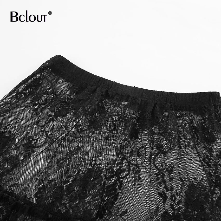 Bclout Fashion Lace Black Skirts Women Chic Casual Solid Thin Transparent Sexy Long Skirts 2024 Party Loose A-Line Skirts Female - reetell