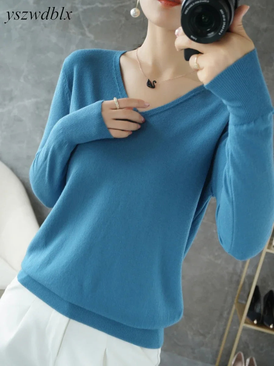 YSZWDBLX Womens Sweaters Spring Autumn V-neck Knitted Pullovers Loose Bottoming Shirt Cashmere Fashion Jumper Solid Pink Sweater - reetell