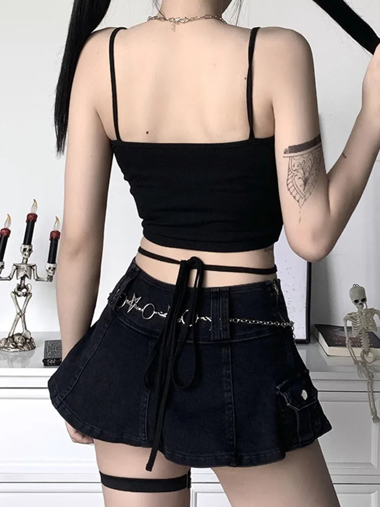 Gothic Women's Print Suspender Sleeveless Square Neck Slim Crop Top Sexy Halter Bottoming Shirt  Girls Party Wear - reetell