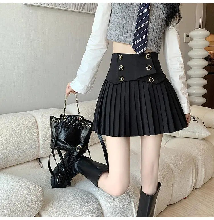 Pleated Skirt New Spring Autumn All-match Buttons Solid Color High Waist A-line Skirt Femme Preppy Style Pleated Trend Skirts - reetell