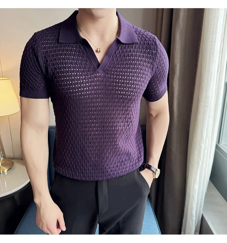 Men's Polo Shirt 2024 Summer New Light and Thin Knitted Hollow Solid Color Casual Short Sleeved V-neck T-shirt Men's Clothing