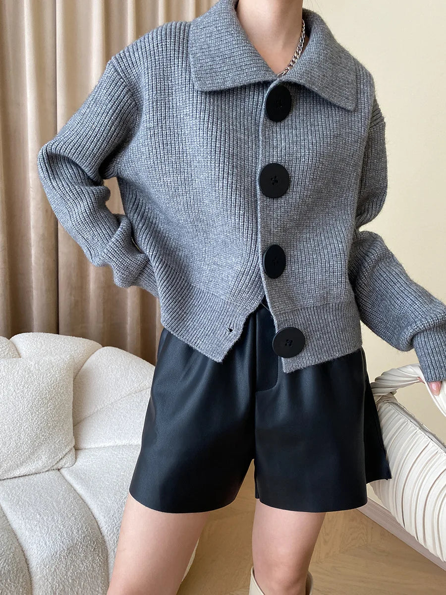 Fashion Big Button Cardigan for Women Loose Thickening Turn-down Collar Knit Sweater Autumn and Winter 2024 Grey Cardigan Coat - reetell