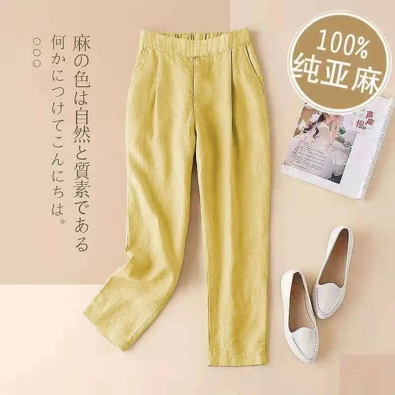 Womens Pants Solid Clothing Harem Trousers Woman Linen Elastic Waist with Pockets Autumn Chic and Elegant Classic Casual Outfits - reetell