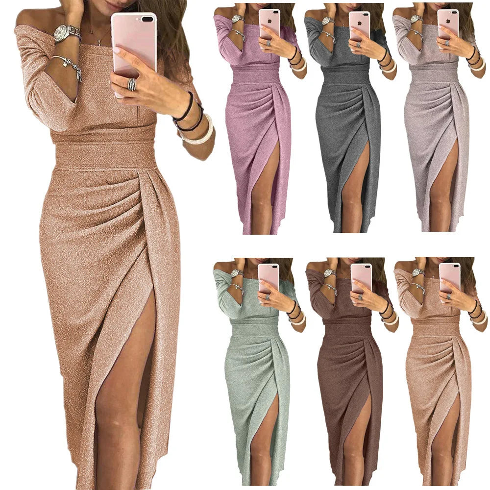 2023 New Women's Off Shoulder Long Sleeve Bodycon Evening Party Long Dress Asymmetrical Split Pencil Dresses S M L XL XXL - reetell