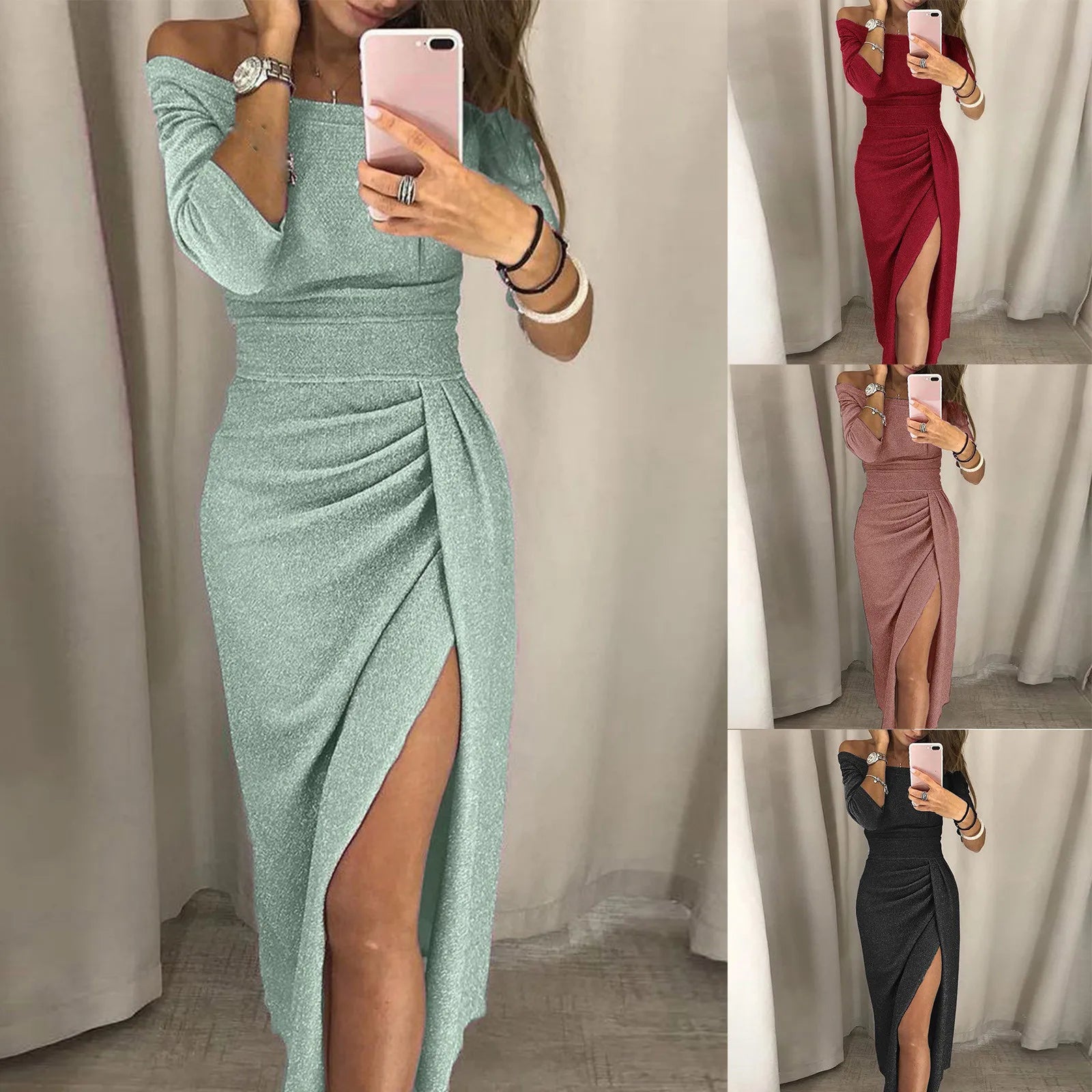 2024 Autumn Women Dresses Evening Party Women Dress Off Shoulder High Slit Tight Elegant Long Dress Sexy Club Dress Vestidos - reetell