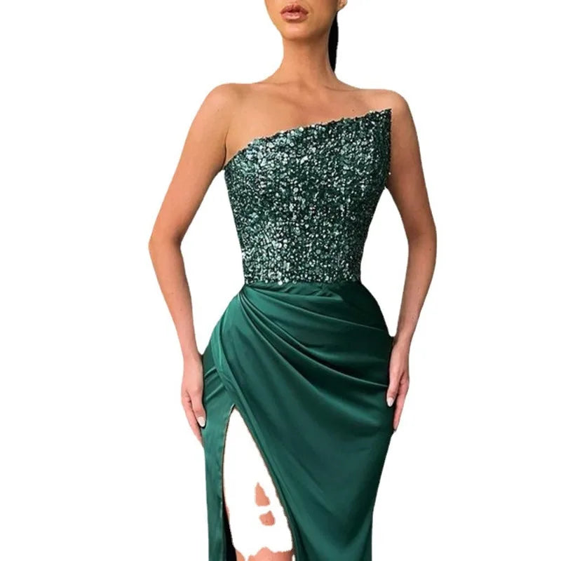 2024 Spring Summer New Green Sequined Fairy Long Sleeveless Fashion Dress Mid Evening Dress Strapless Sexy Formal - reetell