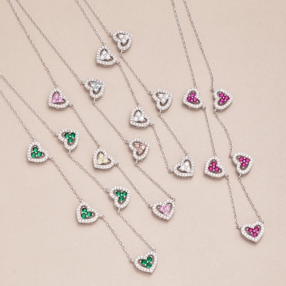 True S925 Silver Heart Necklace Women Rainbow Heart Charm Pendant Necklace Female Luxury Jewelry Sparkling 5A Zircon Girl Gift