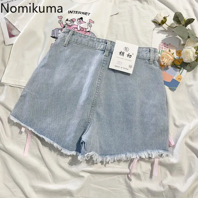 Japanese Denim Shorts Women 2024 New Bottoms Hig Waist Embroidery Bandage Pants Tunic Cute Shorts Pantalones Cortos De Mujer - reetell