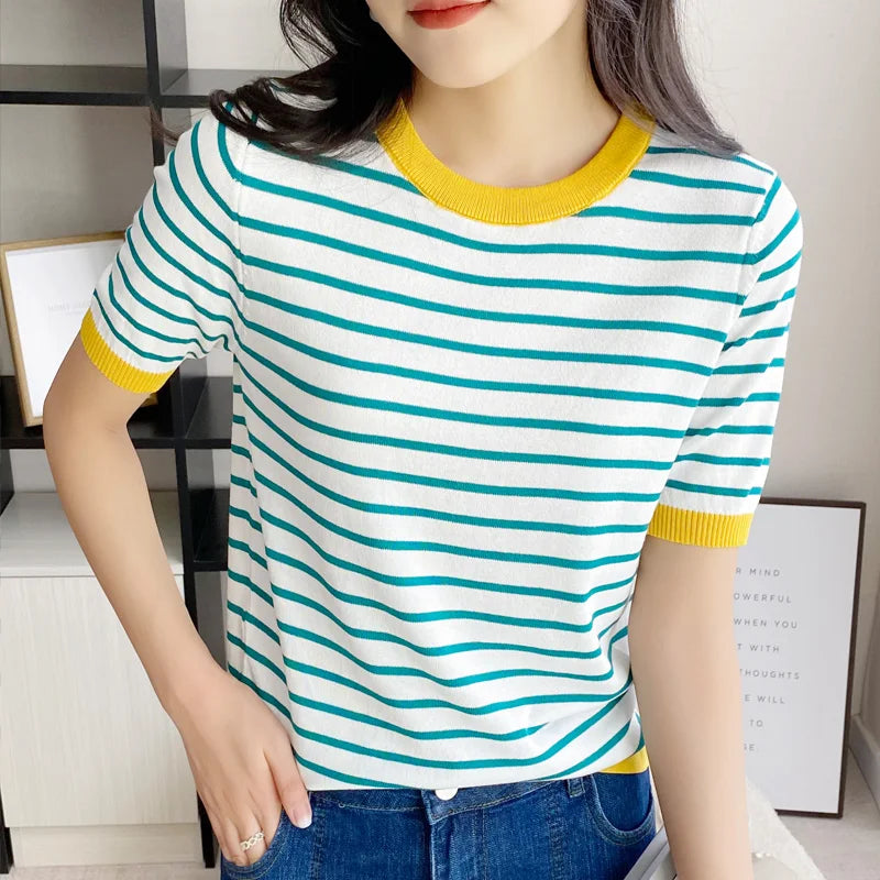 Short Sleeve T-shirts Women Striped Basic Chic Simple All-match Harajuku Retro Cotton O-neck Trendy Loose Leisure Cozy Womens - reetell