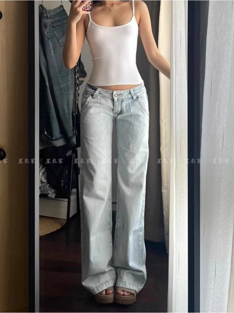 Light Blue Low Waist Jeans Woman Streetwear American Vintage Denim Pants Female Casual Washed Straight Pantalons Mujer Fall 2024 - reetell