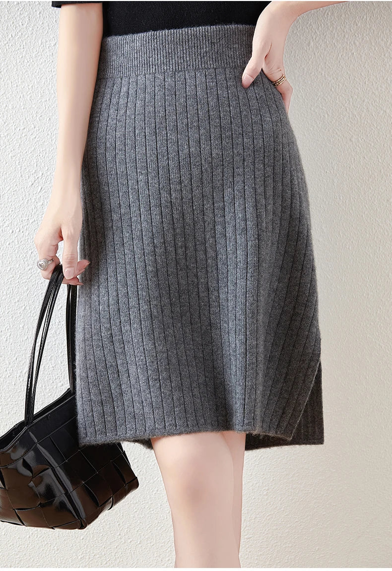 Women's Knitted Skirt 100% Merino Wool Sheath Skirt Solid Color Autumn/Winter Fashion Vertical Strip Wrap Hip Skirt Split Skirt - reetell