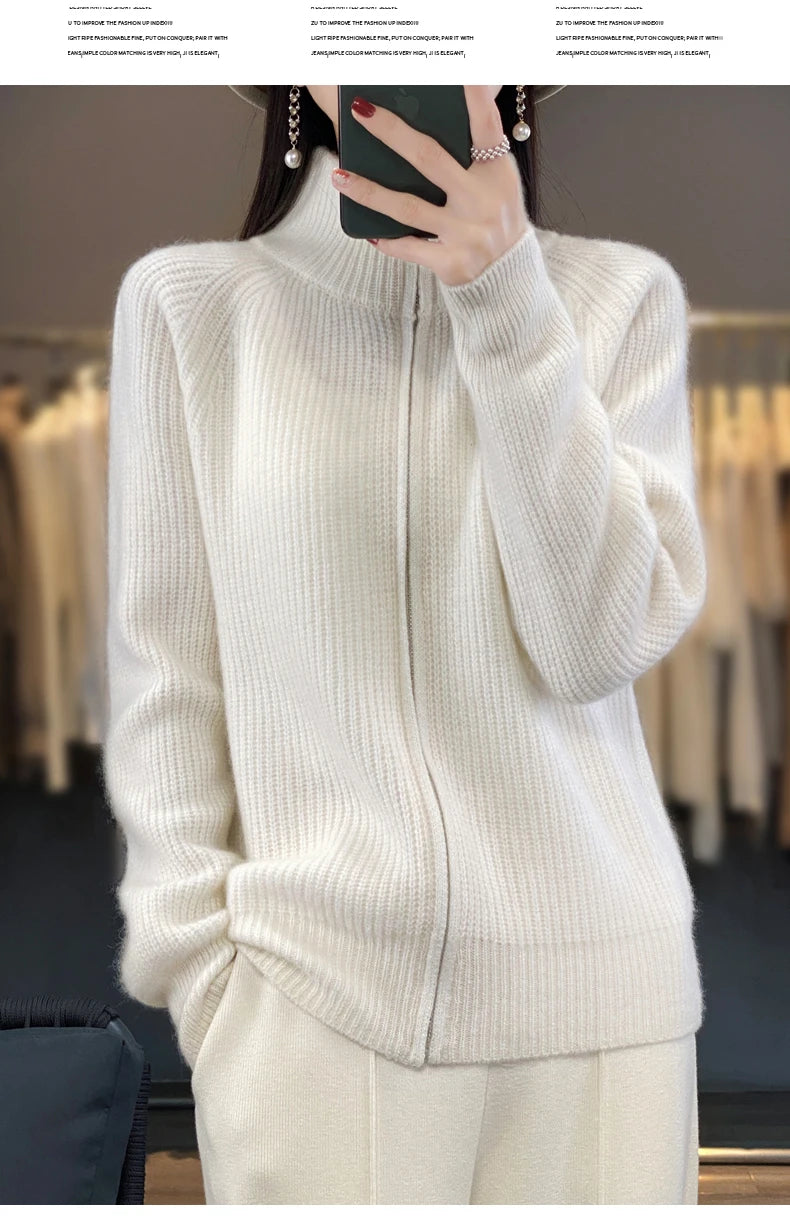 100% Pure Wool Zipper Cardigan Padded Shoulder Stand Collar Women's Cashmere Knitted Coat New Lapel Sweater - reetell