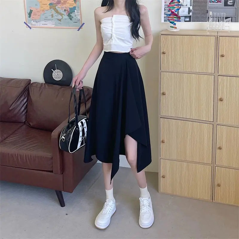 Black Irregular Skirt Women Spring Summer High Waist Thin Mid-length Umbrella Skirts Plus Size Bottoms Vintage Y2k Clothes - reetell