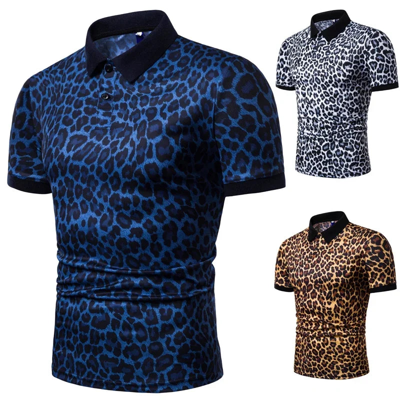 1pc New Men's Fashion T-shirt Leopard Print Short Sleeve Breathable Lapel  Men Clothing