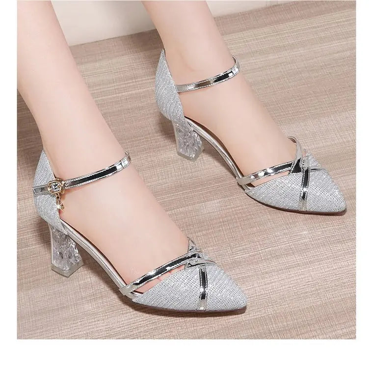 Gold Women Sandals Party High Heels Slip-On Solid Sexy for Ladies Quality Wedding Party Nightclub Sequin Buckle Shoes for Women