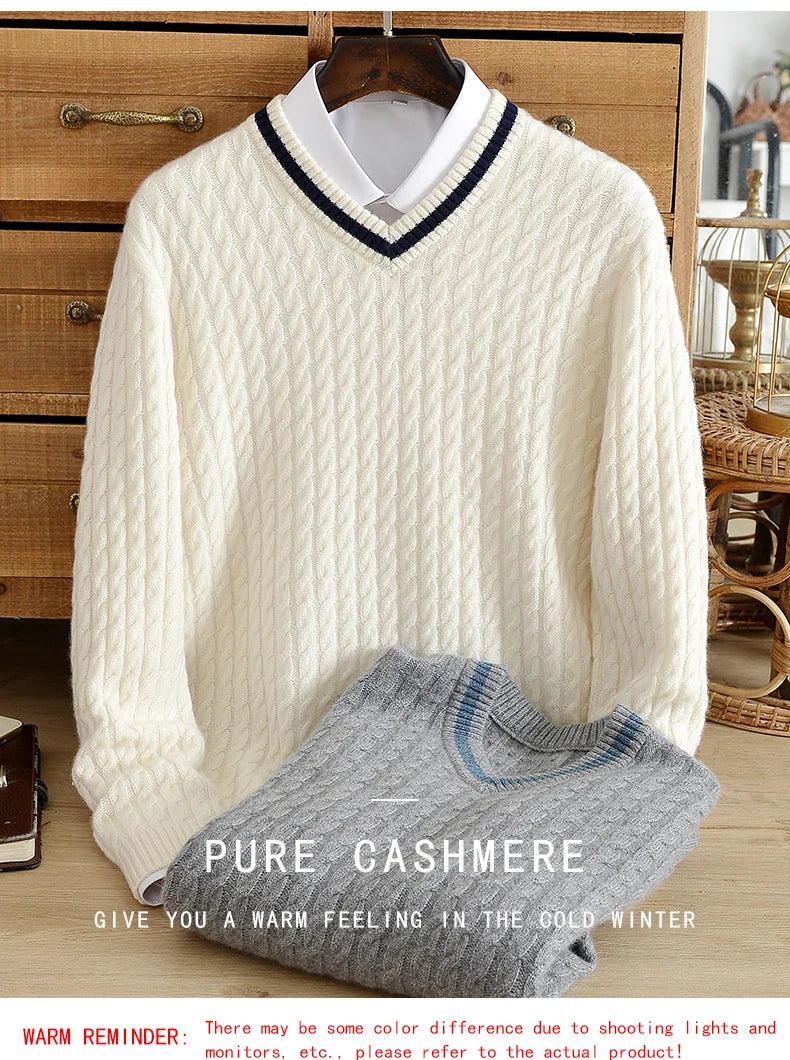 Winter top thickened pure cashmere sweater men's v-neck jacquard knitted sweater student warm bottoming shirt youth fashion - reetell