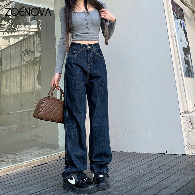 ZOENOVA High Waist Straight Women's Jeans 2024 Spring Korean Fashion Ladies Simple Versatile Loose Dark Blue Wide Leg Trousers - reetell