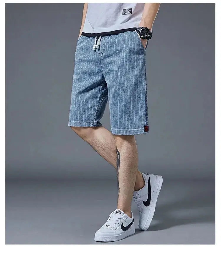 Summer Men Casual Striped Denim Shorts Koreon Streetwear Fashion Elastic Waist Baggy Male Thin Beach Sports Knee Length Jeans - reetell