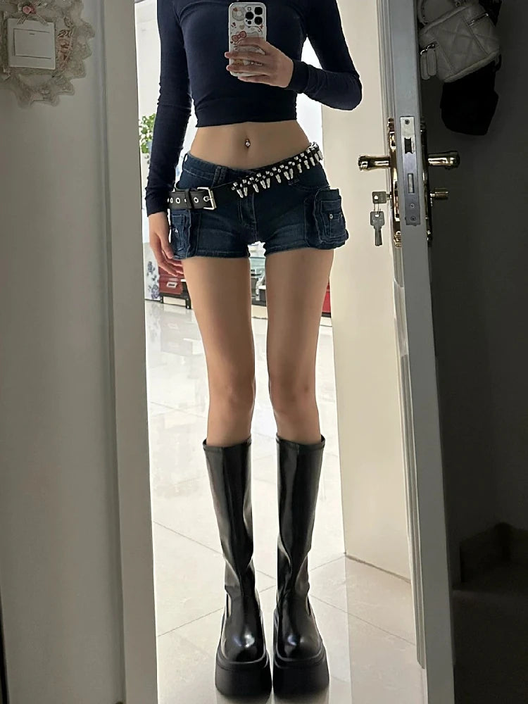 Woman Casual Hot Slim Pants Low Waist Jean Solid Color Wash shorts Goblin Denim Shorts Y2k Classical Sexy Gyaru Dark Academia - reetell