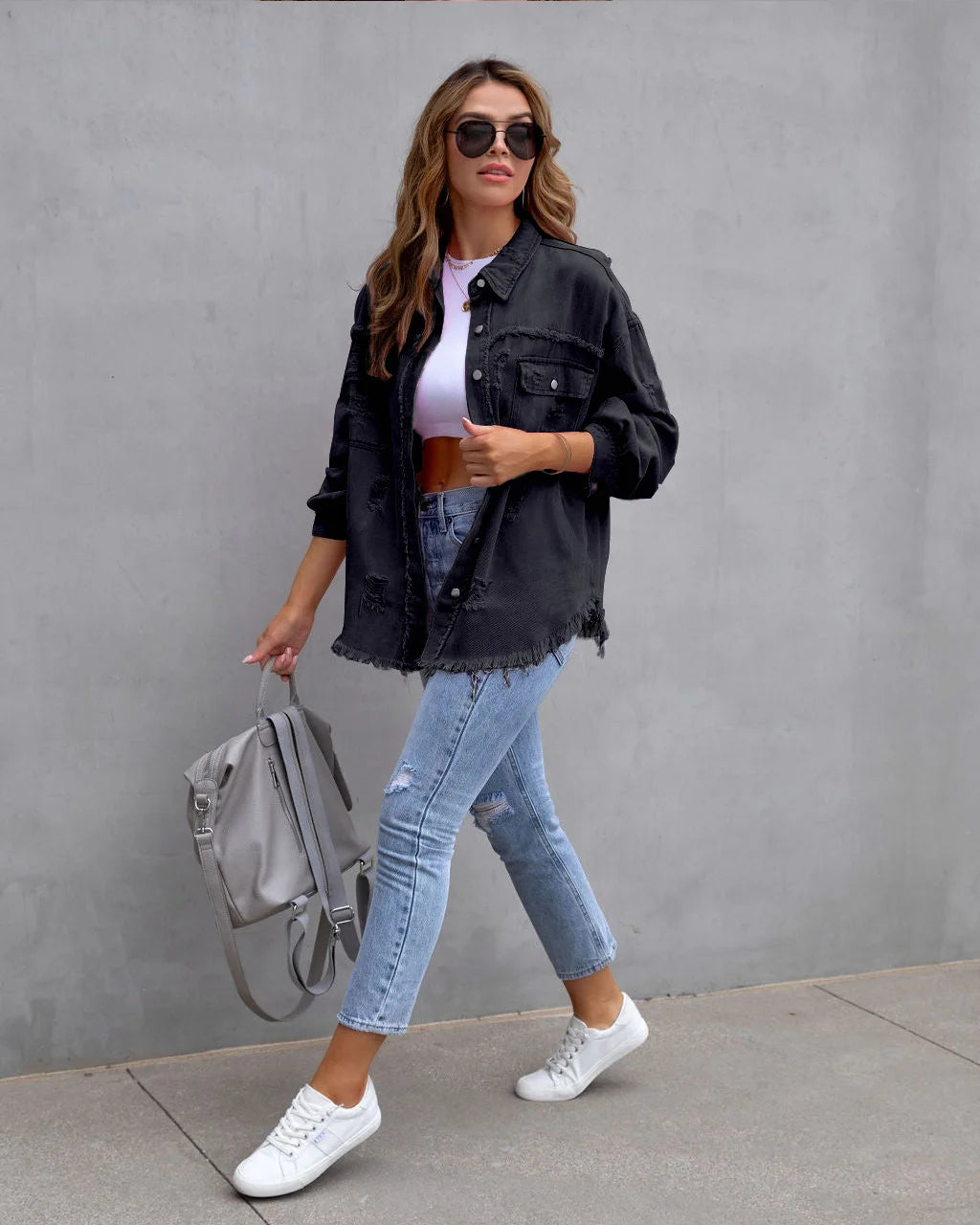 Women's Casual Lapel Mid-length Denim Jacket with Ripped Raw Edges