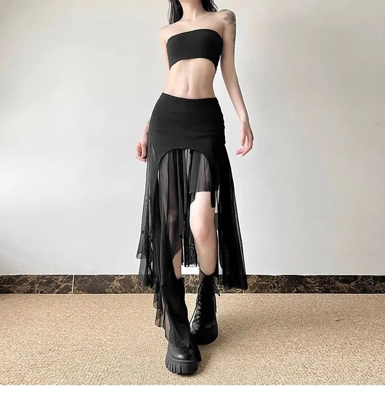 Women Clothes Vintage Y2K Harajuku Aesthetic Fairy Asymmetrical Skirts Summer Female Sexy Split Solid High Waist Slim Midi Skirt - reetell