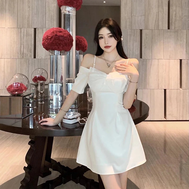 Zoki Bow Sexy Slash Neck Dress Women Summer Korean Elegant White Mini Dress Fashion All Match Party Night Camis Vestidos - reetell