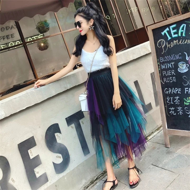 Fashion Summer Tutu Women Skirt Harajuku Tulle Bottom Faldas Casual High Waist Midi Mesh Skirts Woman Clothes Saia Jupe Femme - reetell