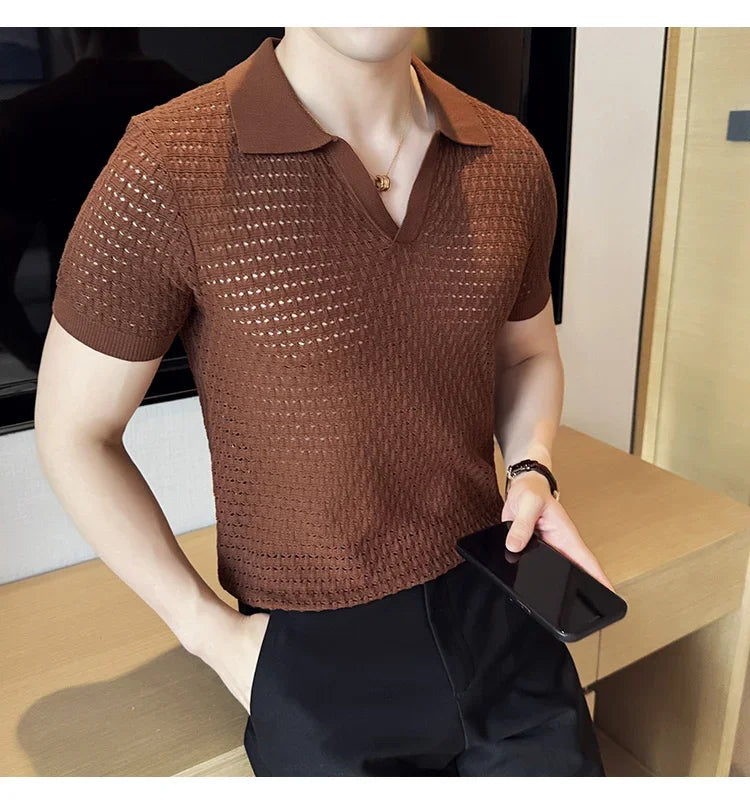 Men's Polo Shirt 2024 Summer New Light and Thin Knitted Hollow Solid Color Casual Short Sleeved V-neck T-shirt Men's Clothing