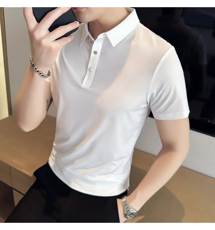 Ice Silk Traceless T-shirt Men's  Business Casual Solid Color Half Sleeve High Elasticity Top Silk Smooth Breathable POLO Shirt