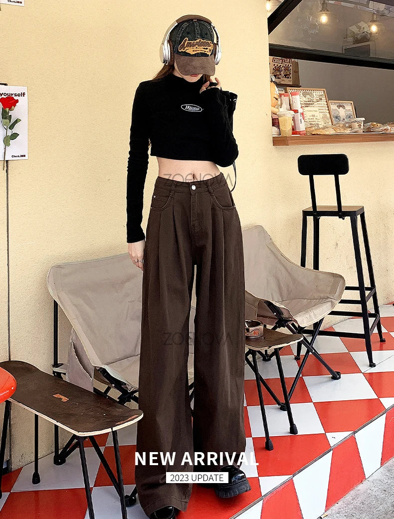 ZOENOVA Spring Autumn Korean New Fashion Dark Brown Women's Jeans Street Casual Wide Leg Pants Loose Straight Versatile Trousers - reetell