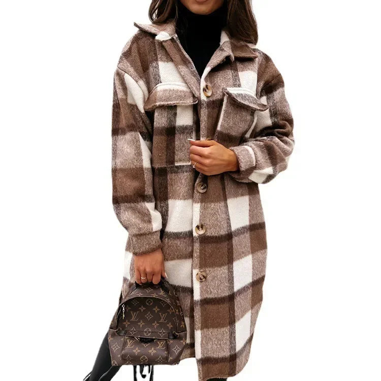 Single Breasted Trench Coat Fashion Long Autumn Winter Women's Clothing Long Sleeve Woolen Plaid Overcoat Coat - reetell