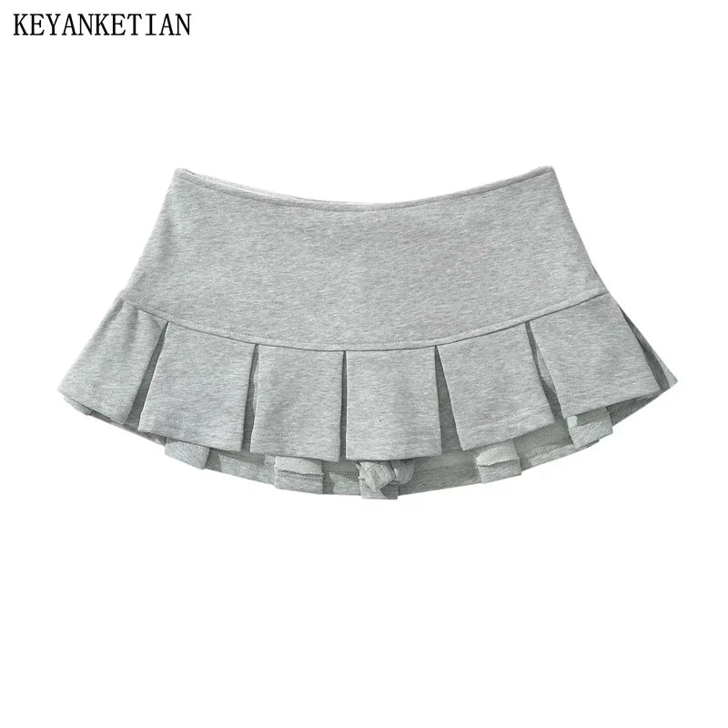 KEYANKETIAN New Women's Terry fabric Low waist Y2K Mini Skirt Wide pleat Decoration Light grey Flounce A Line Skort Hot sweet - reetell