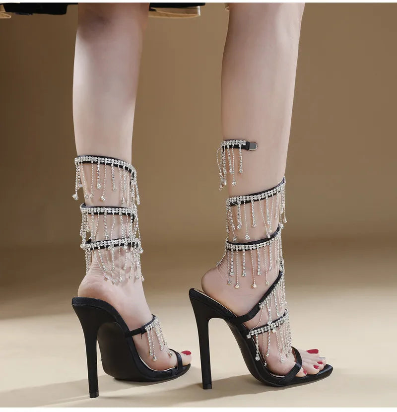 Runway style Bling Bling Crystal Tassels Snake Coiled Women Sandals Sexy Stiletto High heels Summer Fashion Party Prom Shoes - reetell