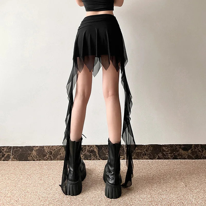 Goth Dark 2000S Aesthetic Irregular Hem Short Skirt Gothic Fashion High Waist Slim A-Line Skirts E-girl Streetwear Mesh Bottoms - reetell