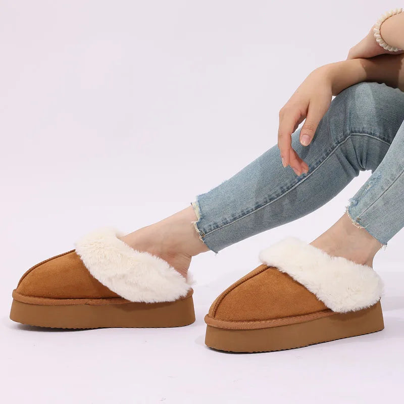 Comwarm Platform Fuzzy Slippers For Women Winter Plush Slippers Warm Furry Slippers Indoor Thick Sole Memory Foam House Slippers - reetell