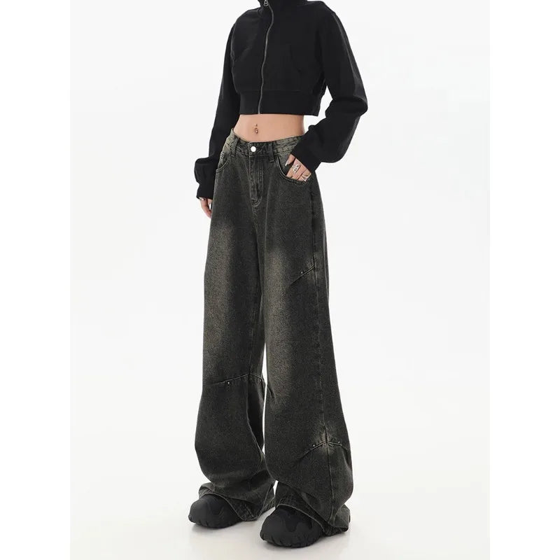 Deeptown Y2k Vintage Black Jeans Women Streetwear Baggy Denim Pants Wide Leg Harajuku Korean Trousers Goth Spring 2024 American - reetell