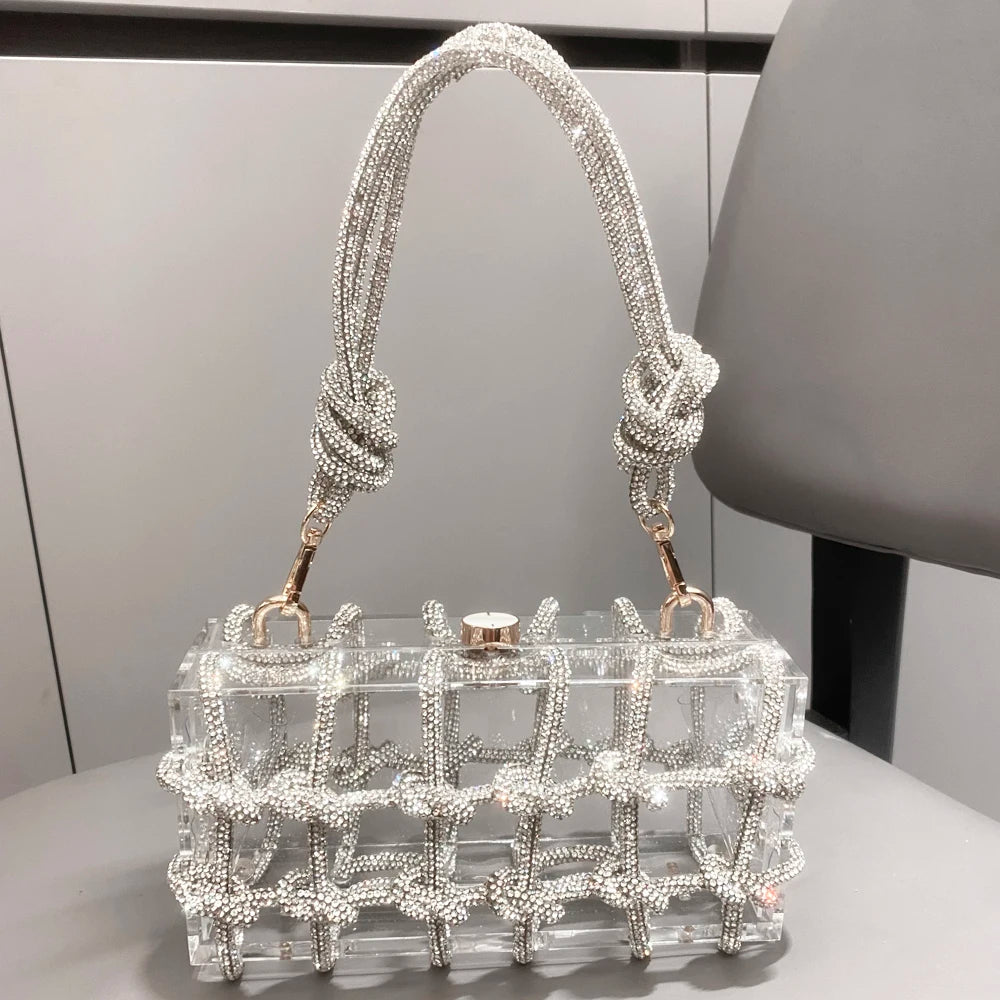 Handle Rhinestones Evening bag silver Crystal handmade Bags for Women Purses and Handbags Luxury Designer banquet bag - reetell