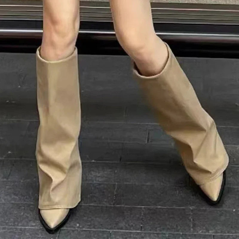 Knee High Heels Women Boots Leather Chunky Fashion Shoes Pointed Toe Snow Long Boots New Designer Pumps Punk Chelsea Botas Mujer