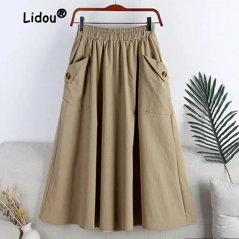 Vintage Fashion Pocket Button Swing A-line Skirt Women High Quality Elastic Waist Solid Color Casual Lady All-match Skirt - reetell