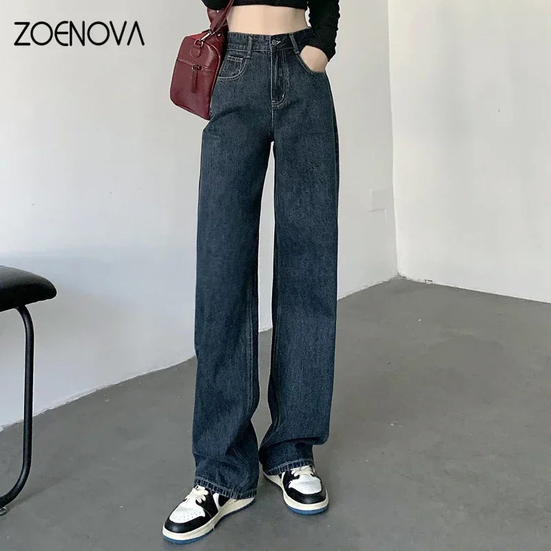 ZOENOVA High Waisted Jeans Y2K Fashion Women Clothing Blue Black Straight Leg Denim Pants Trousers Mom Jean Baggy Trousers Tall - reetell