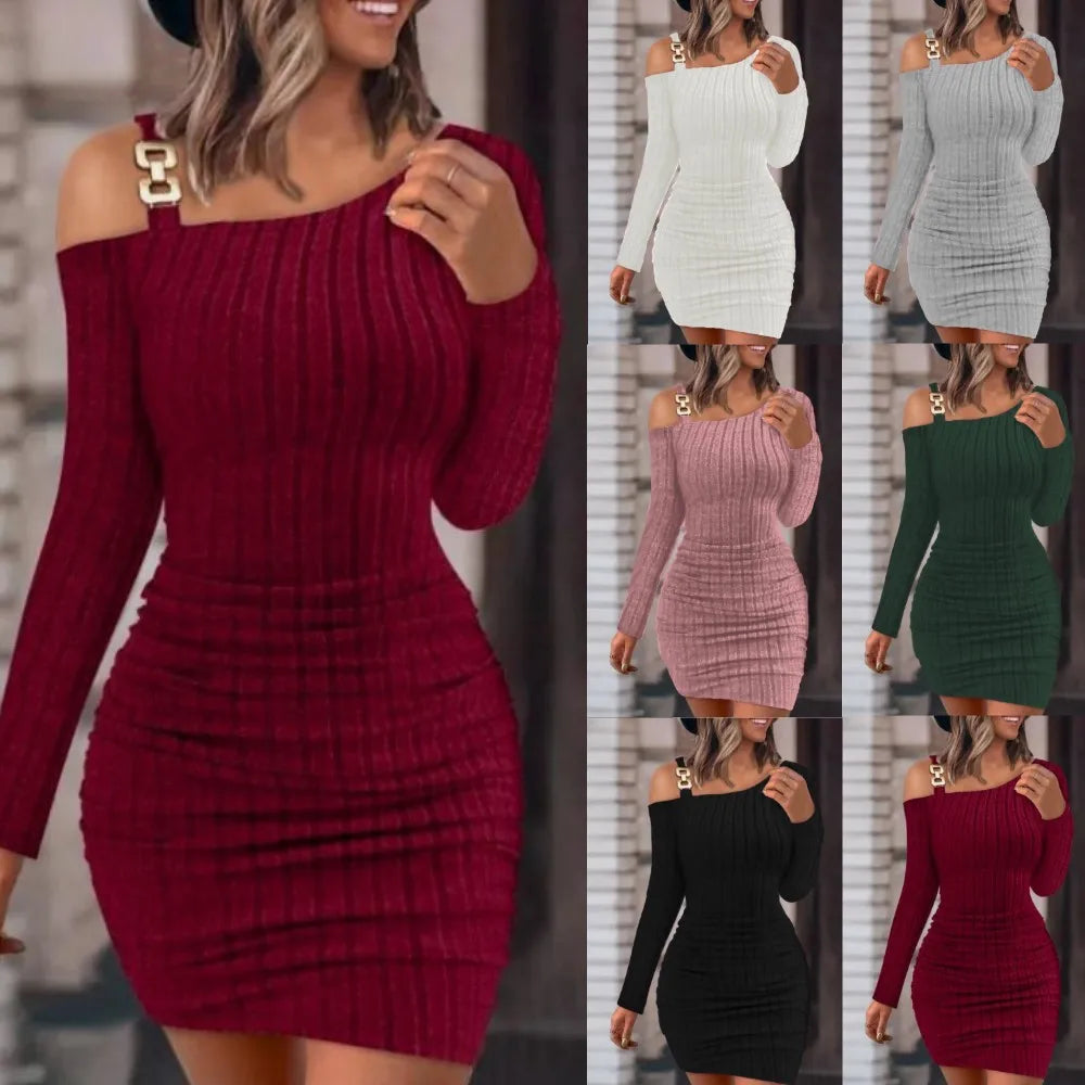 Sexy Chain Off Shoulder Mini Dress Women Autumn Fashion Bodycon Long Sleeve Dresses For Women Winter Skinny Knitted Vestidaos - reetell