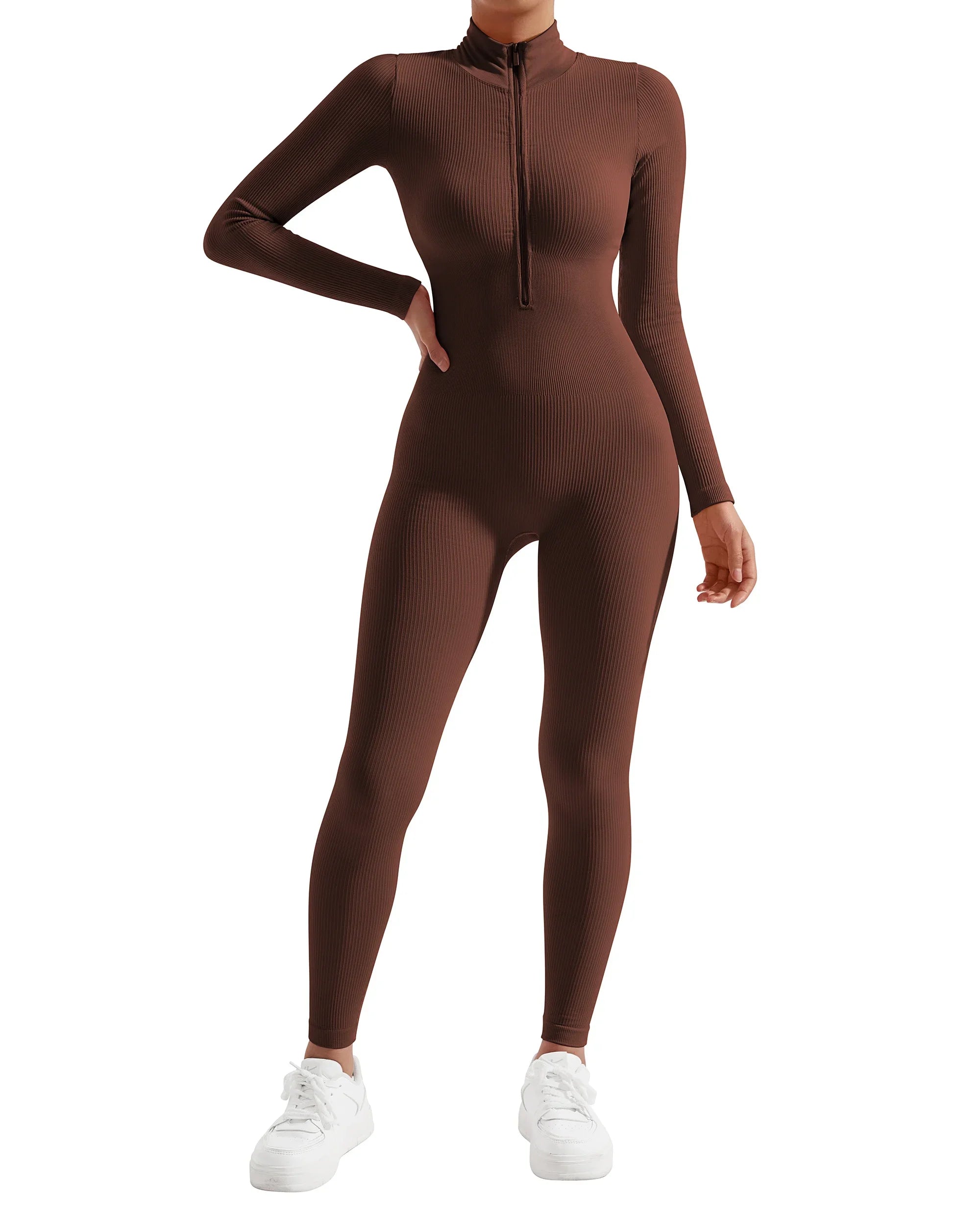 2024 Autumn Bodycon Slim Jumpsuit For Women‘s Clothing Zipper Casual Brown Fitness Rompers Playsuit Activity Streetwear Overall